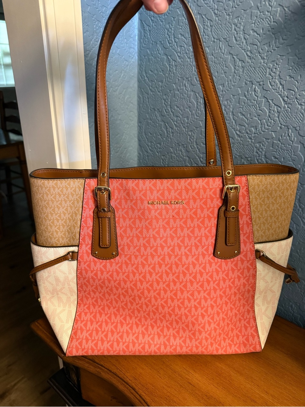 Michael Kors Coral Signature Tote with Tan Trim and Cream Sides